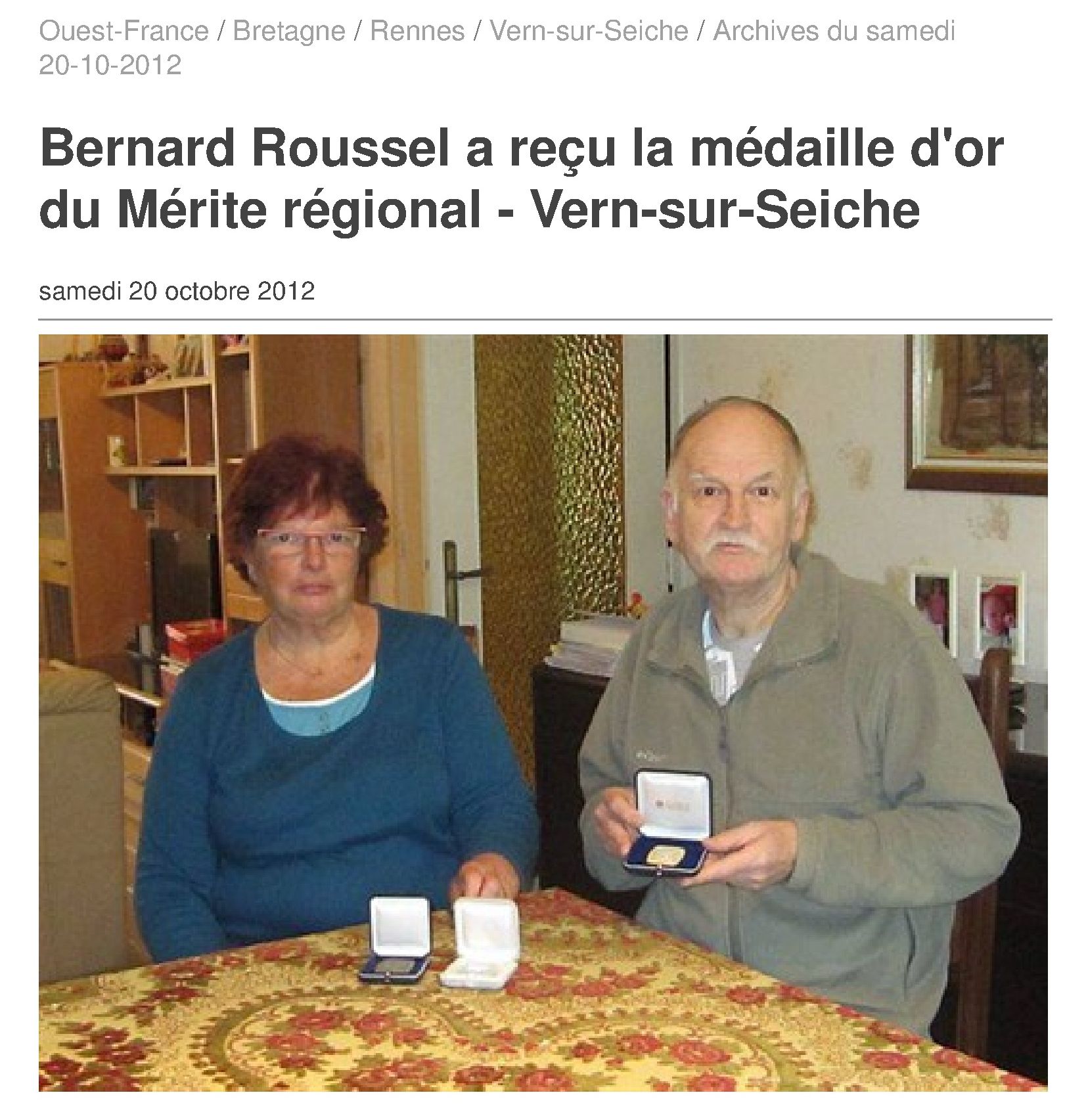 Bernard Roussel, médaille d'or du Mérite régional